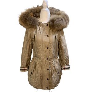 Burberry Brit Beige Nova Check Quilted Puffer Coat Extra Small Fur Hooded Jacket